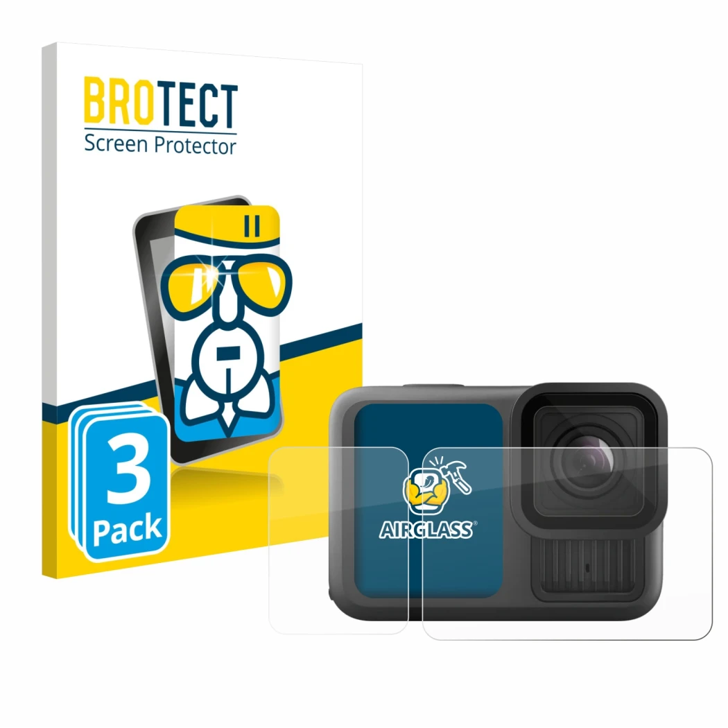 Face avant d’un emballage produit avec le logo de la marque BROTECT. À côté, l’appareil GoPro Hero 13 Black Creator Edition es