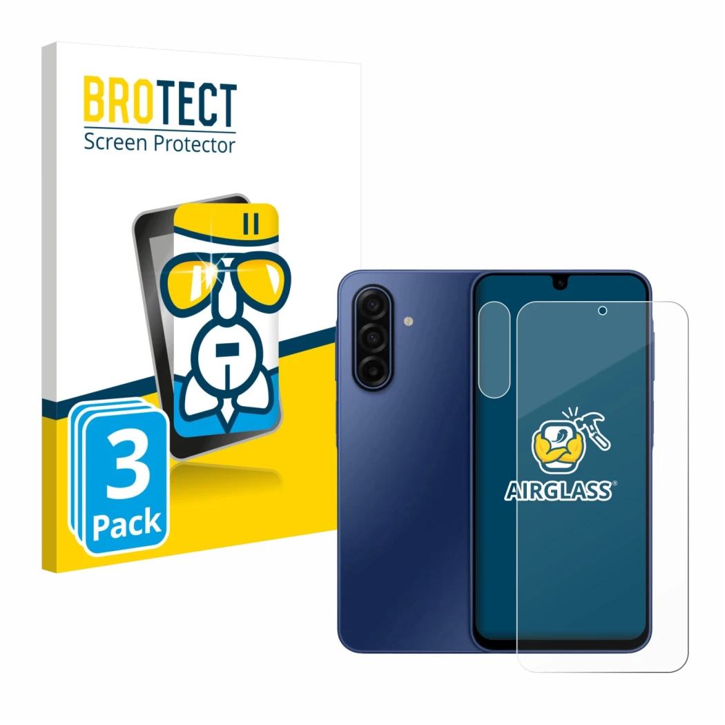 Face avant d’un emballage produit avec le logo de la marque BROTECT. À côté, l’appareil Samsung Galaxy A17 5G (Avant+Caméra) e