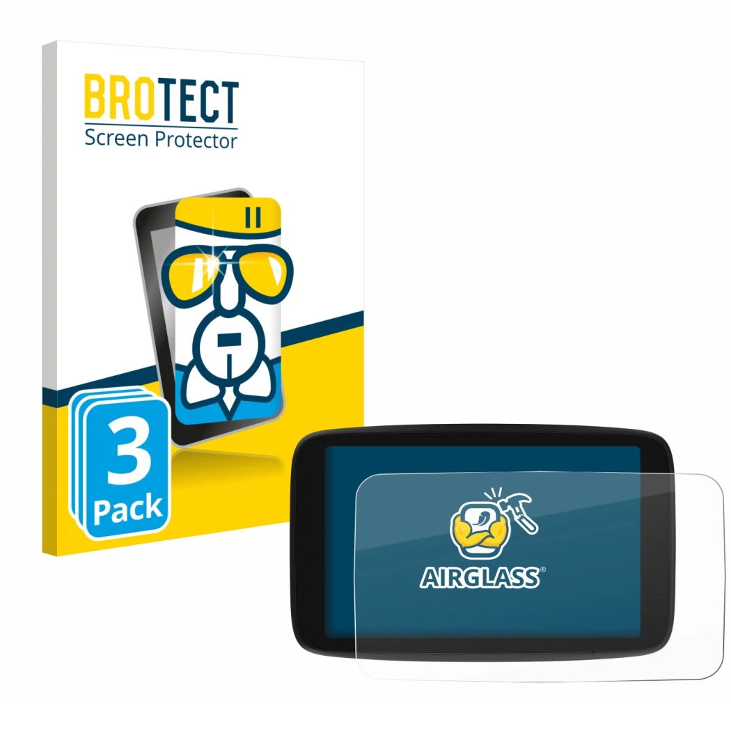 Face avant d’un emballage produit avec le logo de la marque BROTECT. À côté, l’appareil TomTom Go Navigator 7 (2ème génération