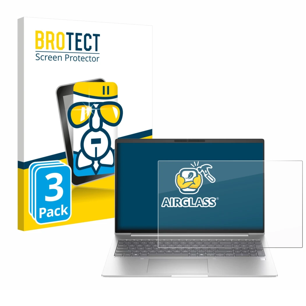 Face avant d’un emballage produit avec le logo de la marque BROTECT. À côté, l’appareil HP EliteBook 6 G1i 13 est représenté a