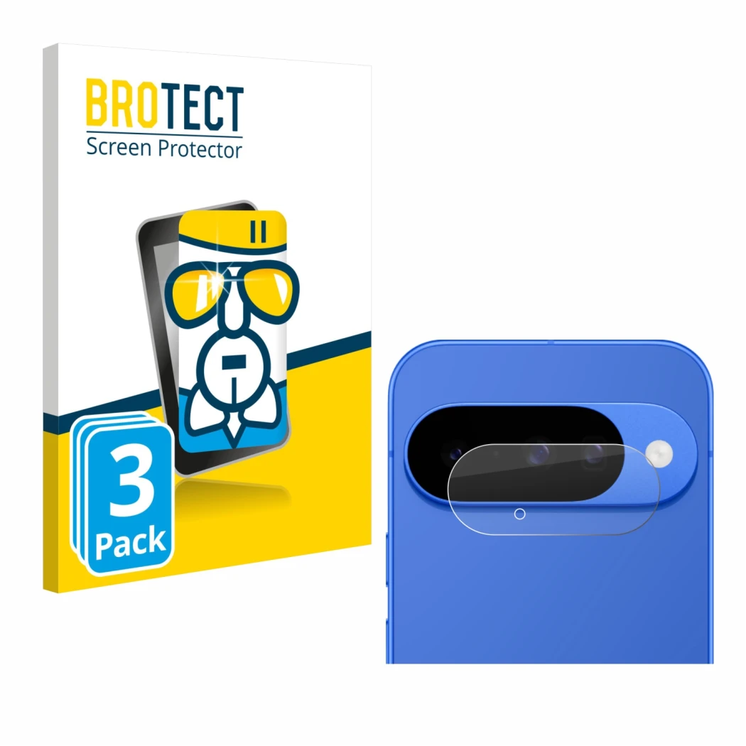 Face avant d’un emballage produit avec le logo de la marque BROTECT. À côté, l’appareil Google Pixel 10 (Caméra UNIQUEMENT) es