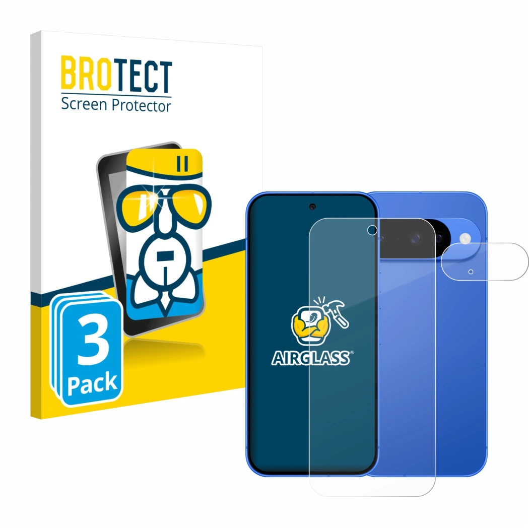 Face avant d’un emballage produit avec le logo de la marque BROTECT. À côté, l’appareil Google Pixel 10 (Avant+Caméra) est rep