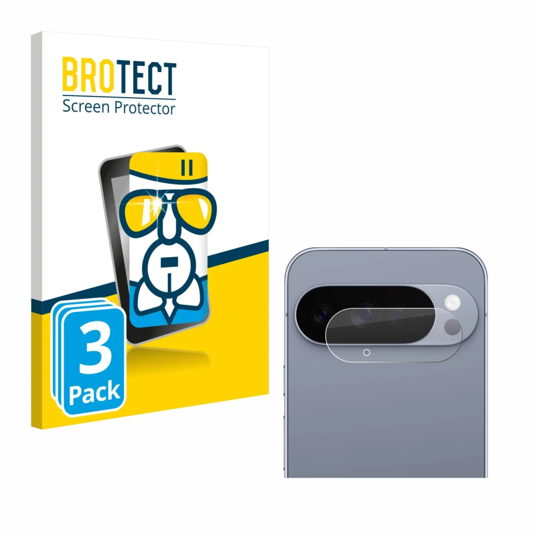 Face avant d’un emballage produit avec le logo de la marque BROTECT. À côté, l’appareil Google Pixel 10 Pro XL (Caméra UNIQUEM