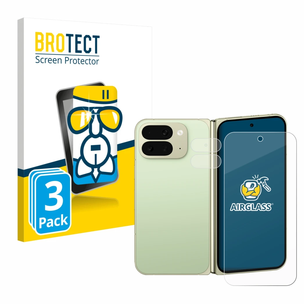 Face avant d’un emballage produit avec le logo de la marque BROTECT. À côté, l’appareil Google Pixel 10 Pro Fold (Avant+Caméra
