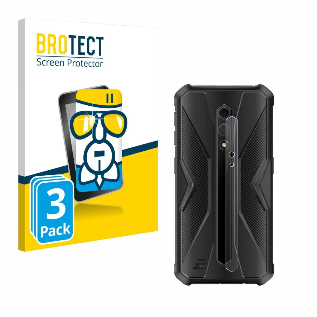 Face avant d’un emballage produit avec le logo de la marque BROTECT. À côté, l’appareil Ulefone Armor X12 Pro (Caméra UNIQUEME