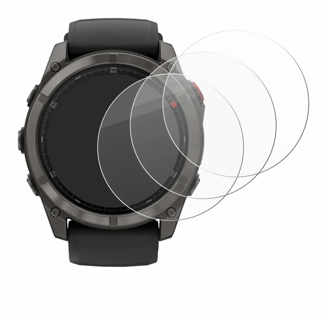 Image de l'appareil Garmin Fenix 8 Pro AMOLED (51 mm) avec une grande variété de protections d'écran.