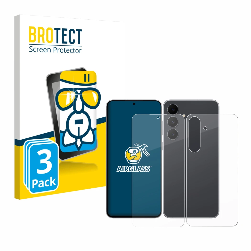 Face avant d’un emballage produit avec le logo de la marque BROTECT. À côté, l’appareil Samsung Galaxy S25 FE (Avant+Arrière) 
