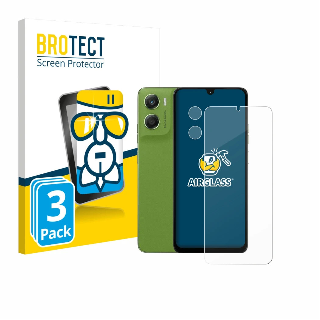 Face avant d’un emballage produit avec le logo de la marque BROTECT. À côté, l’appareil Motorola Moto G06 (Avant+Caméra) est r