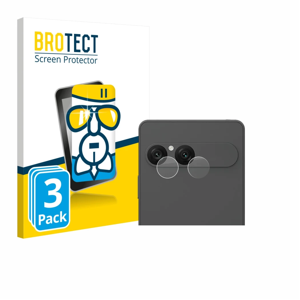 Face avant d’un emballage produit avec le logo de la marque BROTECT. À côté, l’appareil Sony Xperia 10 VII (Caméra UNIQUEMENT)