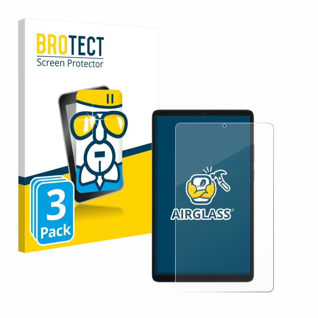 Face avant d’un emballage produit avec le logo de la marque BROTECT. À côté, l’appareil Samsung Galaxy Tab A11 8.7