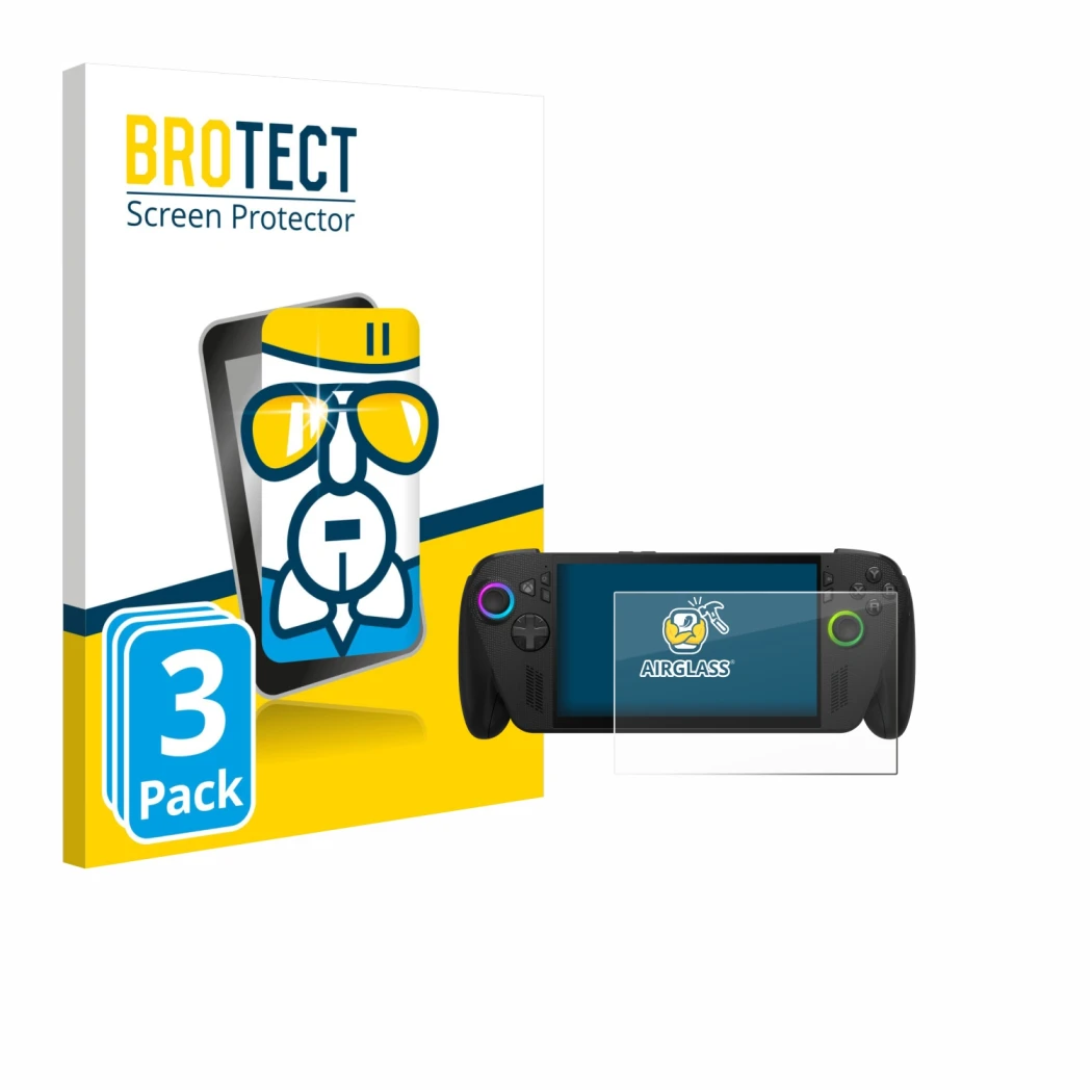 Face avant d’un emballage produit avec le logo de la marque BROTECT. À côté, l’appareil ASUS ROG Ally X 2025 est représenté av