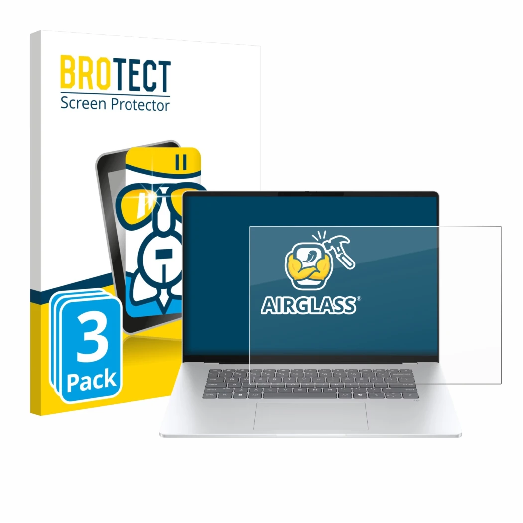 Face avant d’un emballage produit avec le logo de la marque BROTECT. À côté, l’appareil HP OmniBook 5 16 est représenté avec l