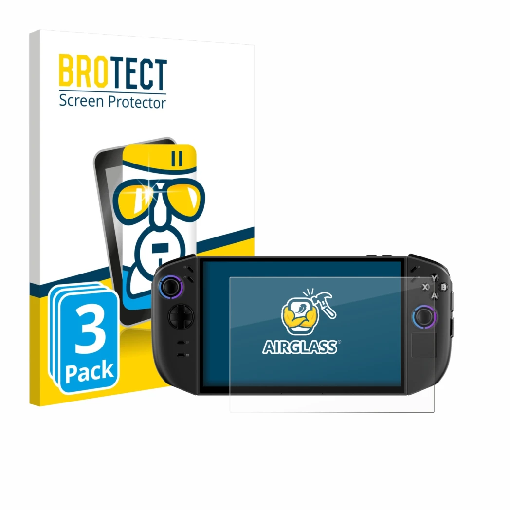 Face avant d’un emballage produit avec le logo de la marque BROTECT. À côté, l’appareil Lenovo Legion Go Gen 2 est représenté