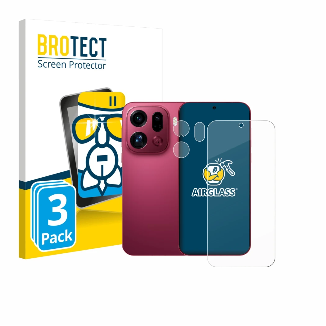 Face avant d’un emballage produit avec le logo de la marque BROTECT. À côté, l’appareil Oppo Find X9 Pro (Avant+Caméra) est re