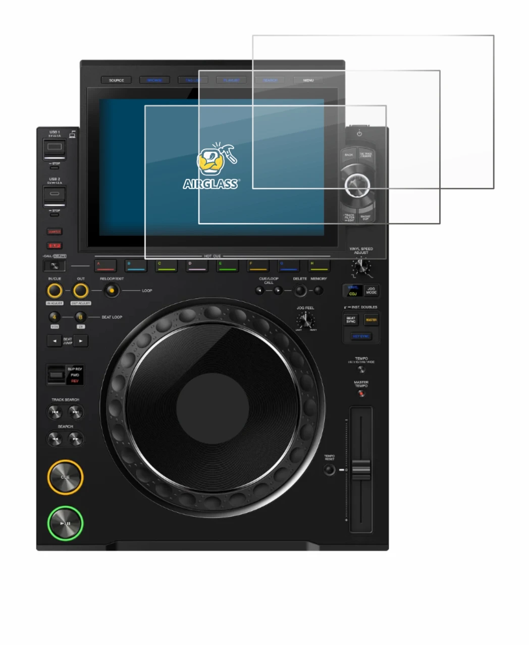 Image de l'appareil Pioneer CDJ 3000X avec une grande variété de protections d'écran.