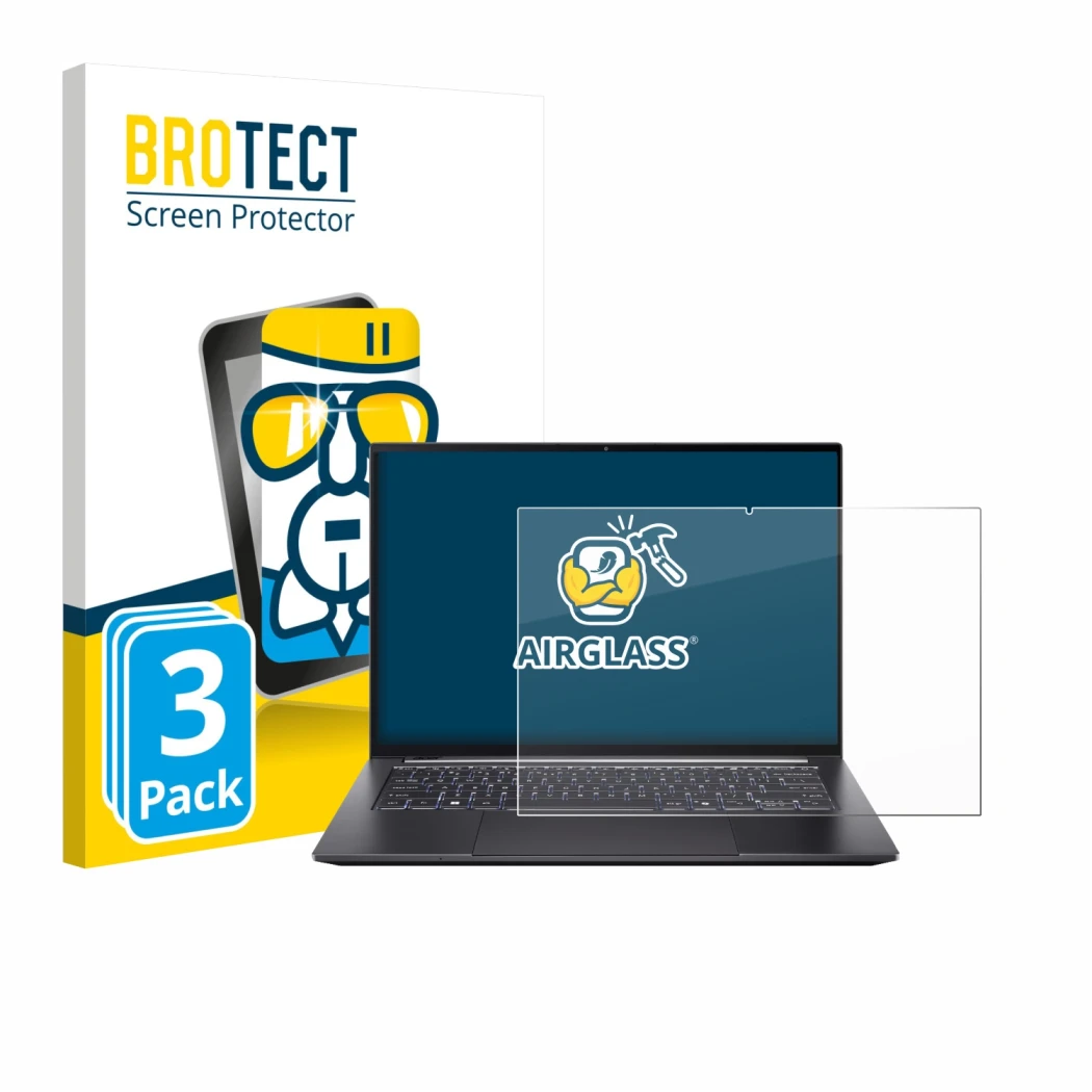 Face avant d’un emballage produit avec le logo de la marque BROTECT. À côté, l’appareil Acer Swift X 14 SFX14-73G Touch est re