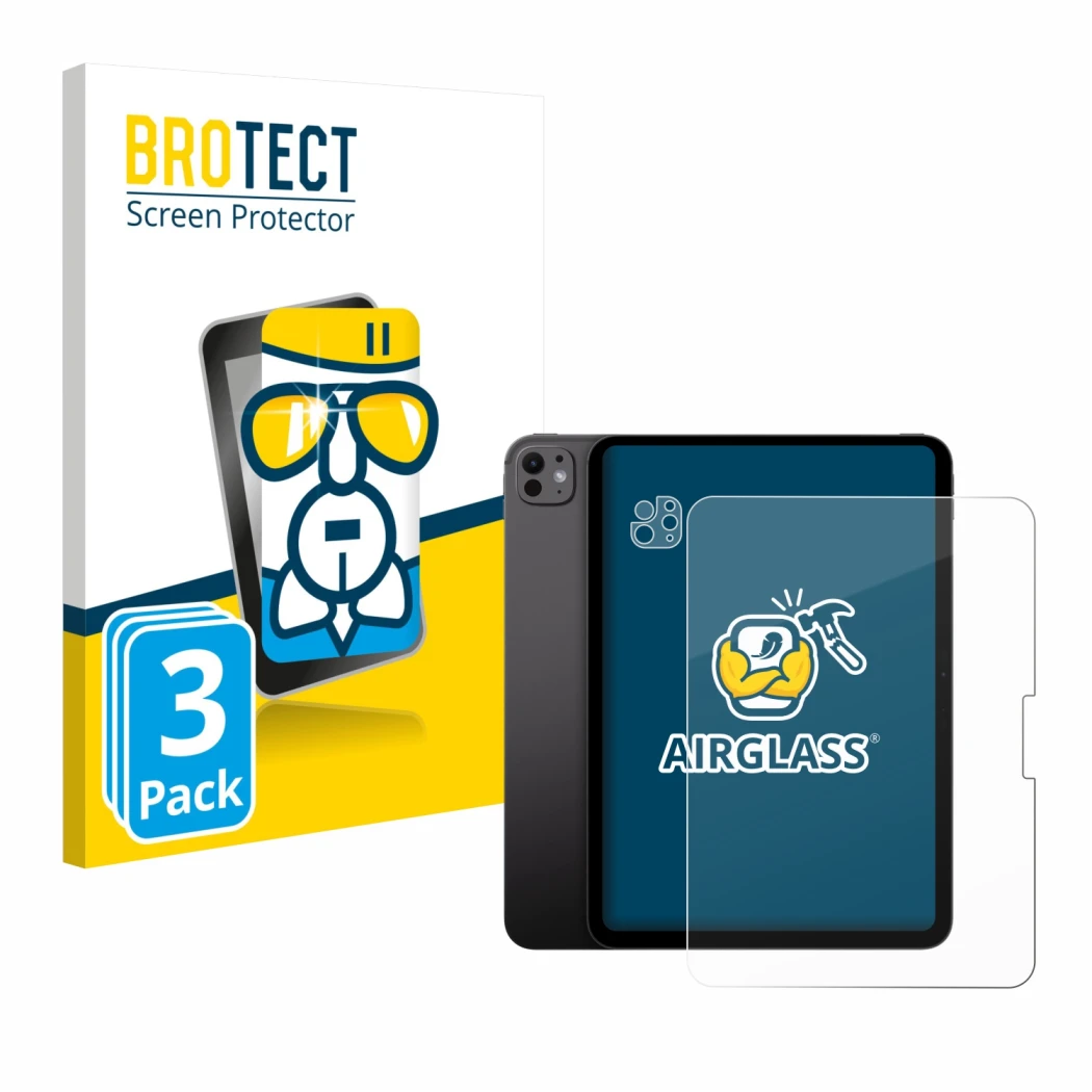 Face avant d’un emballage produit avec le logo de la marque BROTECT. À côté, l’appareil Apple iPad Pro 11