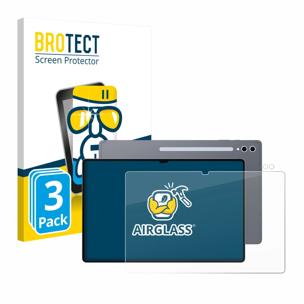 Face avant d’un emballage produit avec le logo de la marque BROTECT. À côté, l’appareil Samsung Galaxy Tab S10 Ultra (Avant+Ca