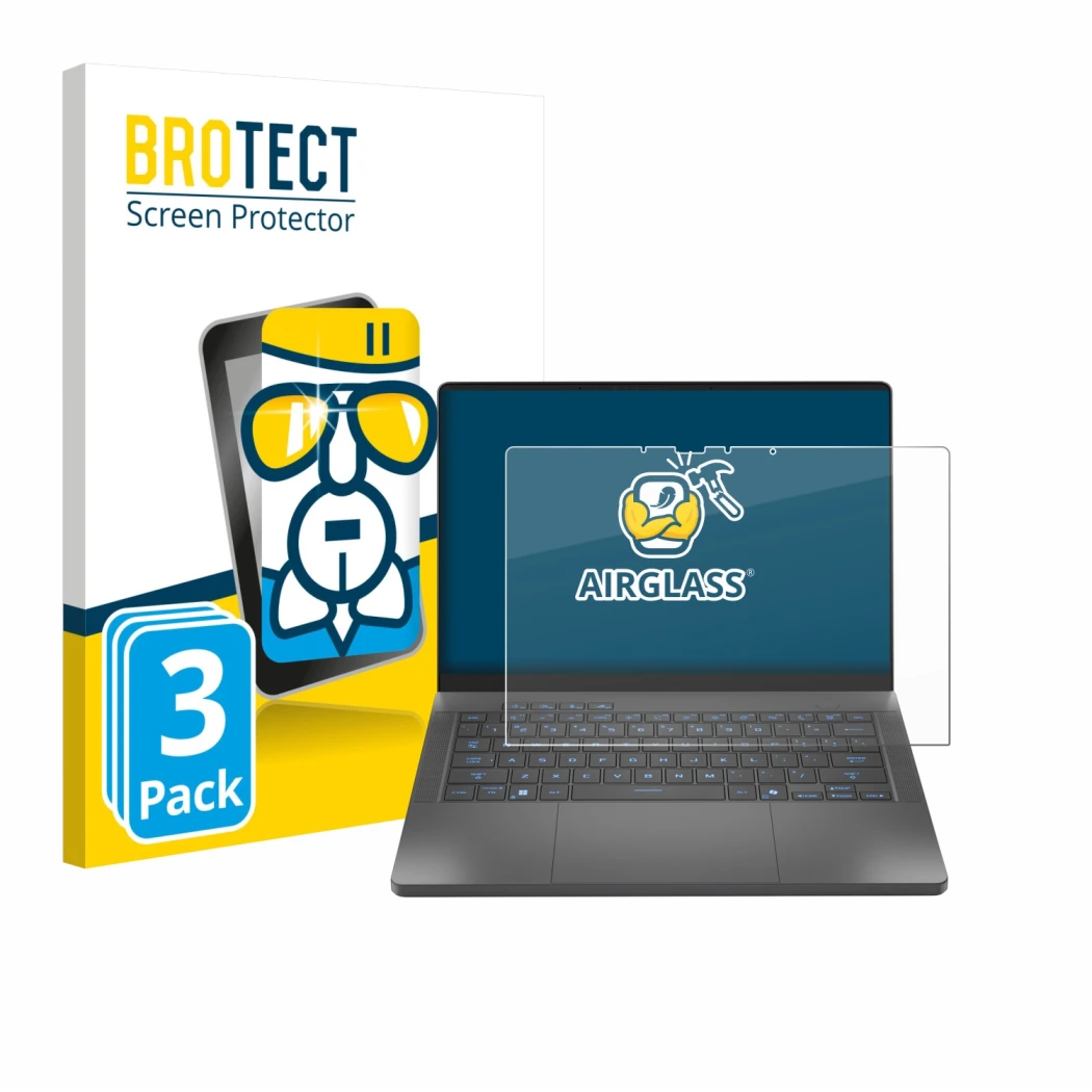 Face avant d’un emballage produit avec le logo de la marque BROTECT. À côté, l’appareil ASUS ROG Zephyrus G14 2025 GA403 est r