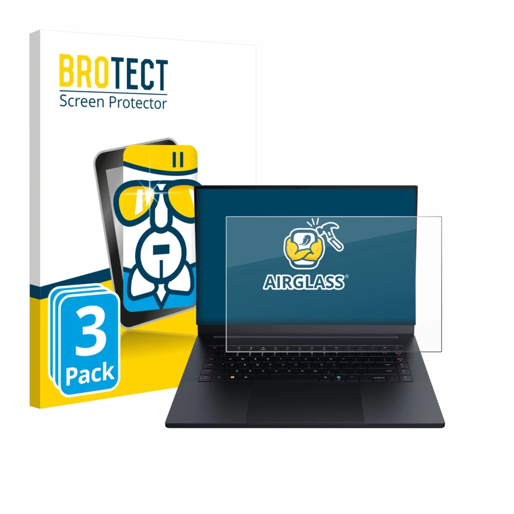 Face avant d’un emballage produit avec le logo de la marque BROTECT. À côté, l’appareil Razer Blade 16 2025 est représenté ave