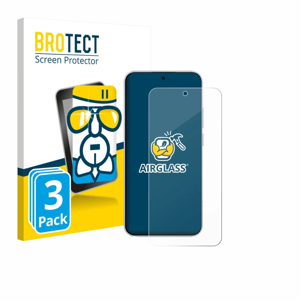 Face avant d’un emballage produit avec le logo de la marque BROTECT. À côté, l’appareil Xiaomi Redmi Note 15 Pro est représent