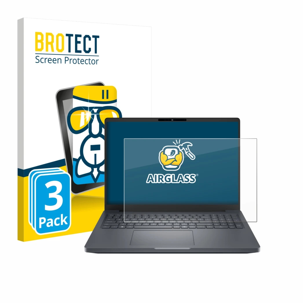 Face avant d’un emballage produit avec le logo de la marque BROTECT. À côté, l’appareil Dell Pro Max 16 Plus est représenté av