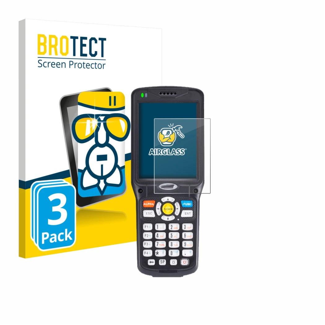 Face avant d’un emballage produit avec le logo de la marque BROTECT. À côté, l’appareil Unitech HT510 est représenté avec la p