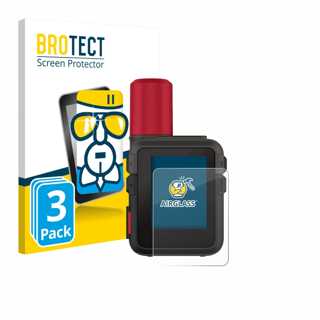 Face avant d’un emballage produit avec le logo de la marque BROTECT. À côté, l’appareil Garmin inReach Mini 3 Plus est représe