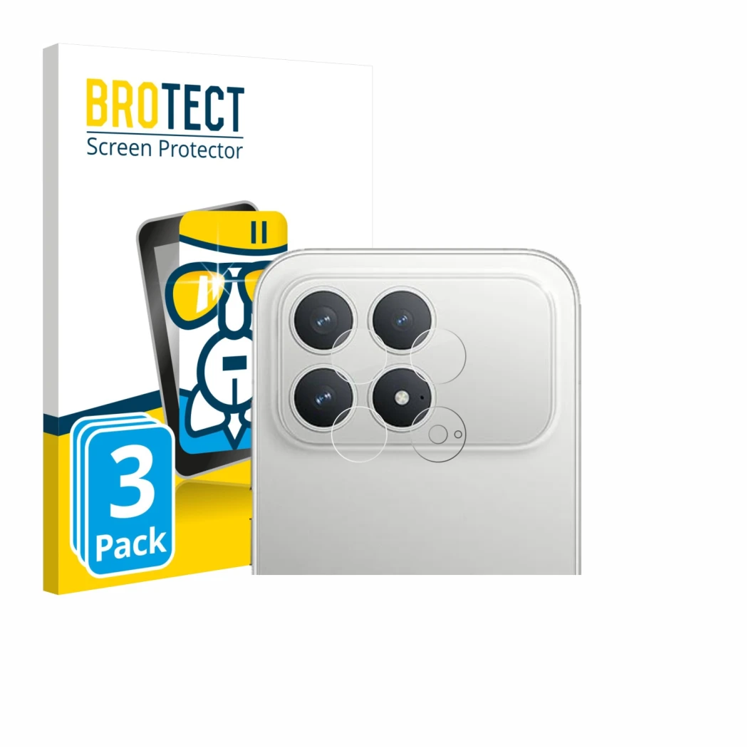 Face avant d’un emballage produit avec le logo de la marque BROTECT. À côté, l’appareil Xiaomi Poco F8 Pro (Caméra UNIQUEMENT)