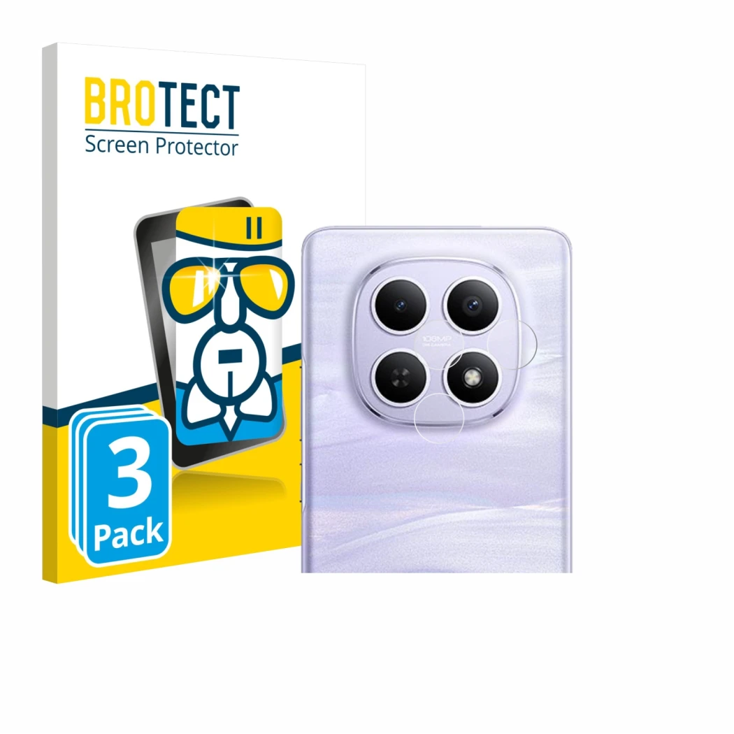Face avant d’un emballage produit avec le logo de la marque BROTECT. À côté, l’appareil Xiaomi Redmi Note 15 4G (Caméra UNIQUE