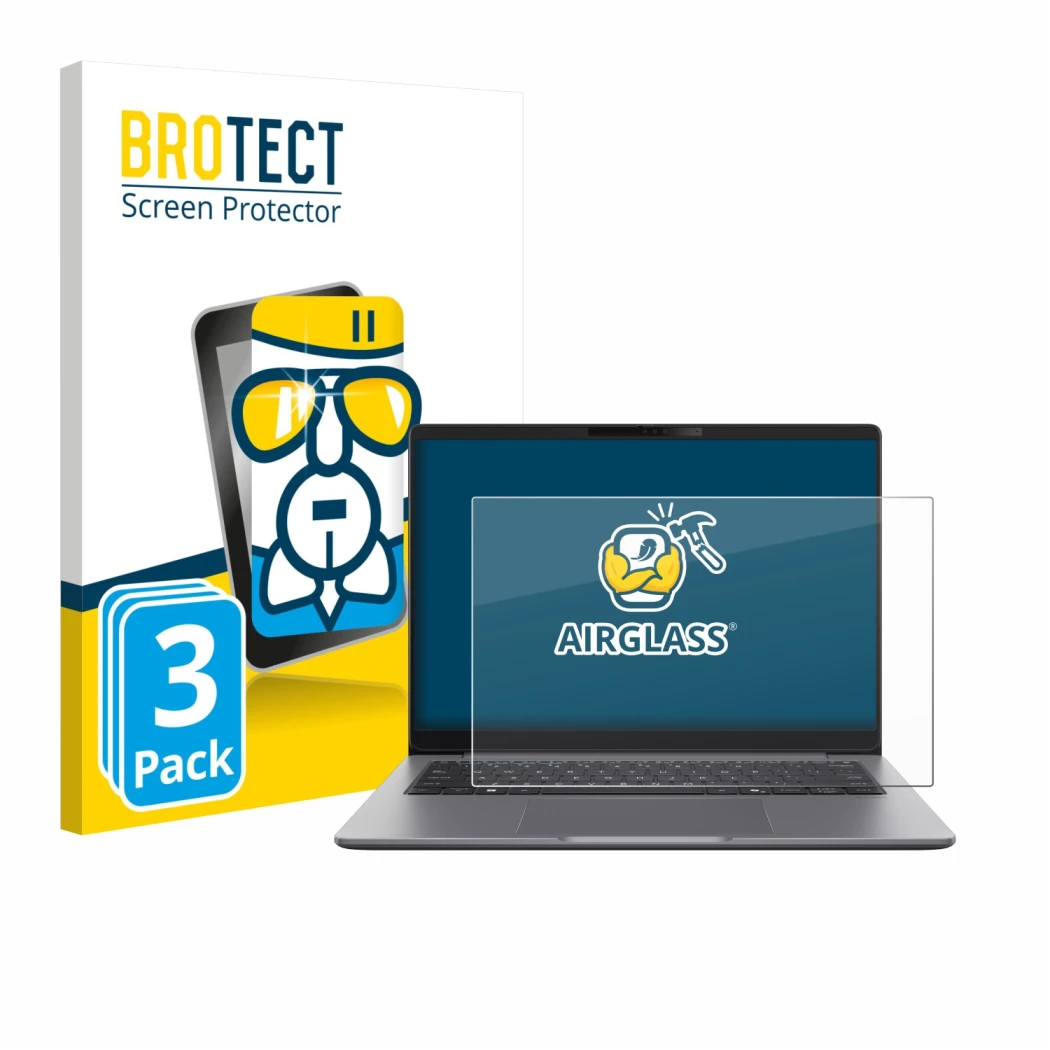 Face avant d’un emballage produit avec le logo de la marque BROTECT. À côté, l’appareil ASUS ExpertBook P5 G2 est représenté a