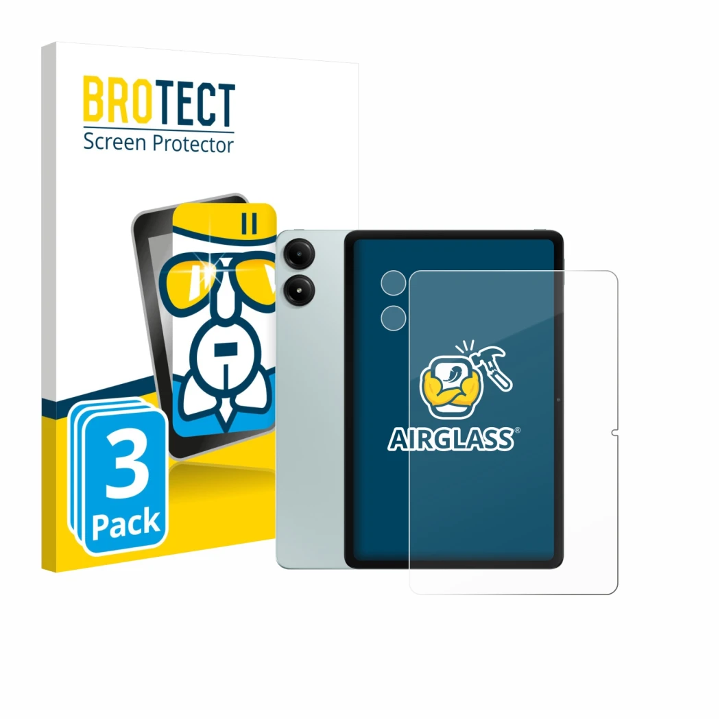 Face avant d’un emballage produit avec le logo de la marque BROTECT. À côté, l’appareil Xiaomi Redmi Pad Pro (Avant+Caméra) es