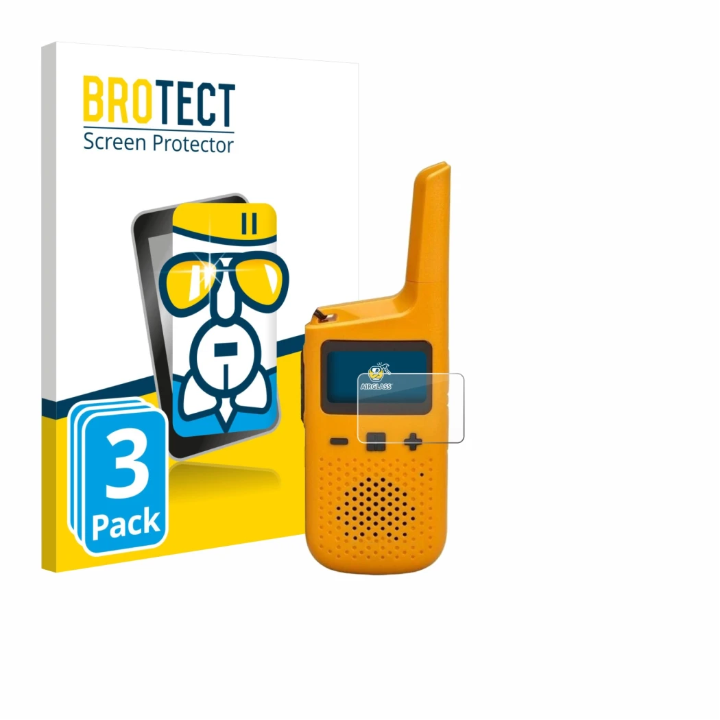 Face avant d’un emballage produit avec le logo de la marque BROTECT. À côté, l’appareil Motorola Talkabout T72 est représenté 