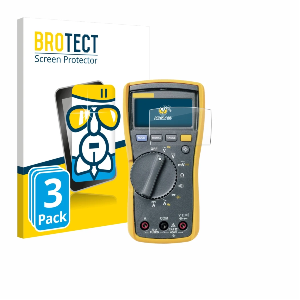Face avant d’un emballage produit avec le logo de la marque BROTECT. À côté, l’appareil Fluke MultiMeter 113 est représenté av