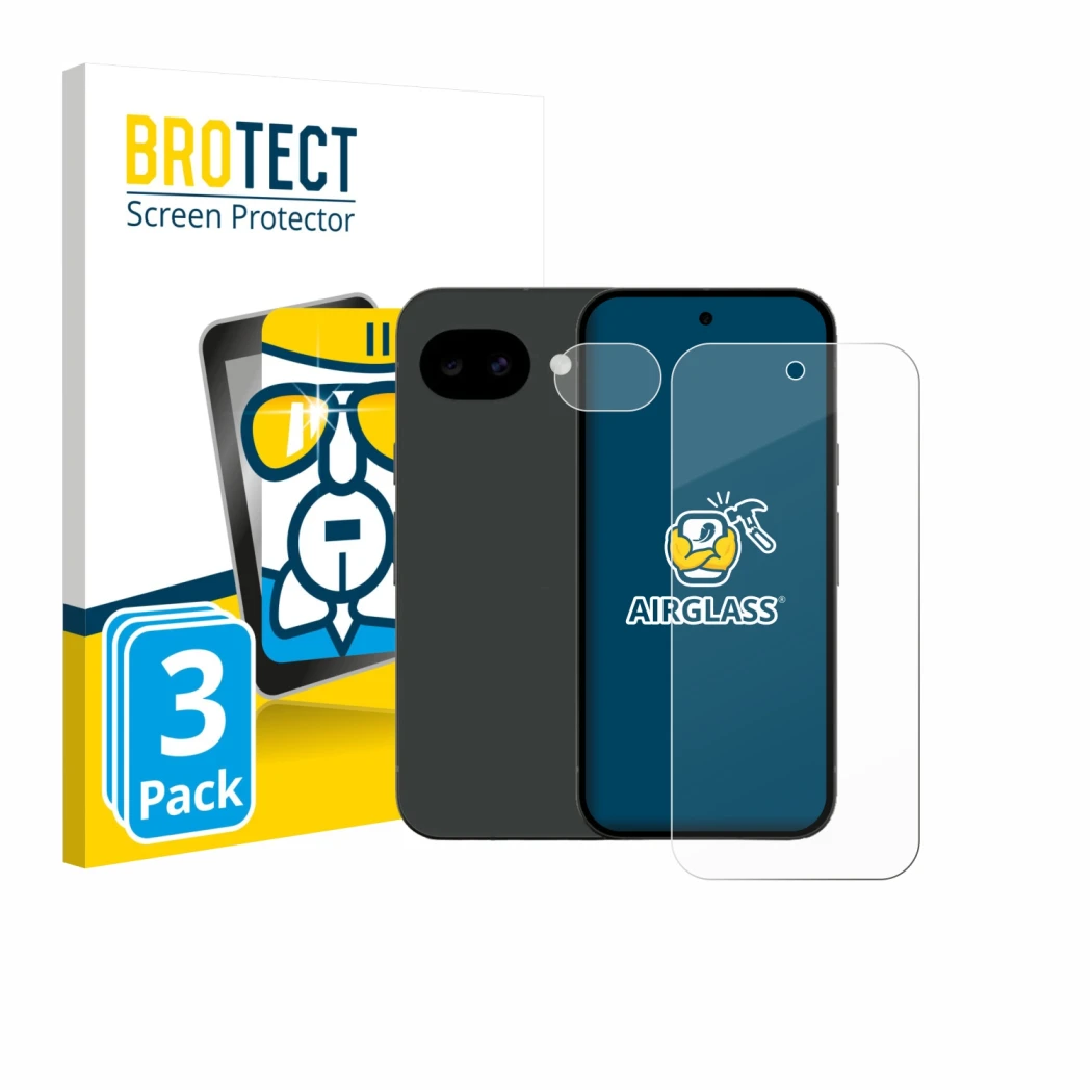 Face avant d’un emballage produit avec le logo de la marque BROTECT. À côté, l’appareil Google Pixel 10a (Avant+Caméra) est re