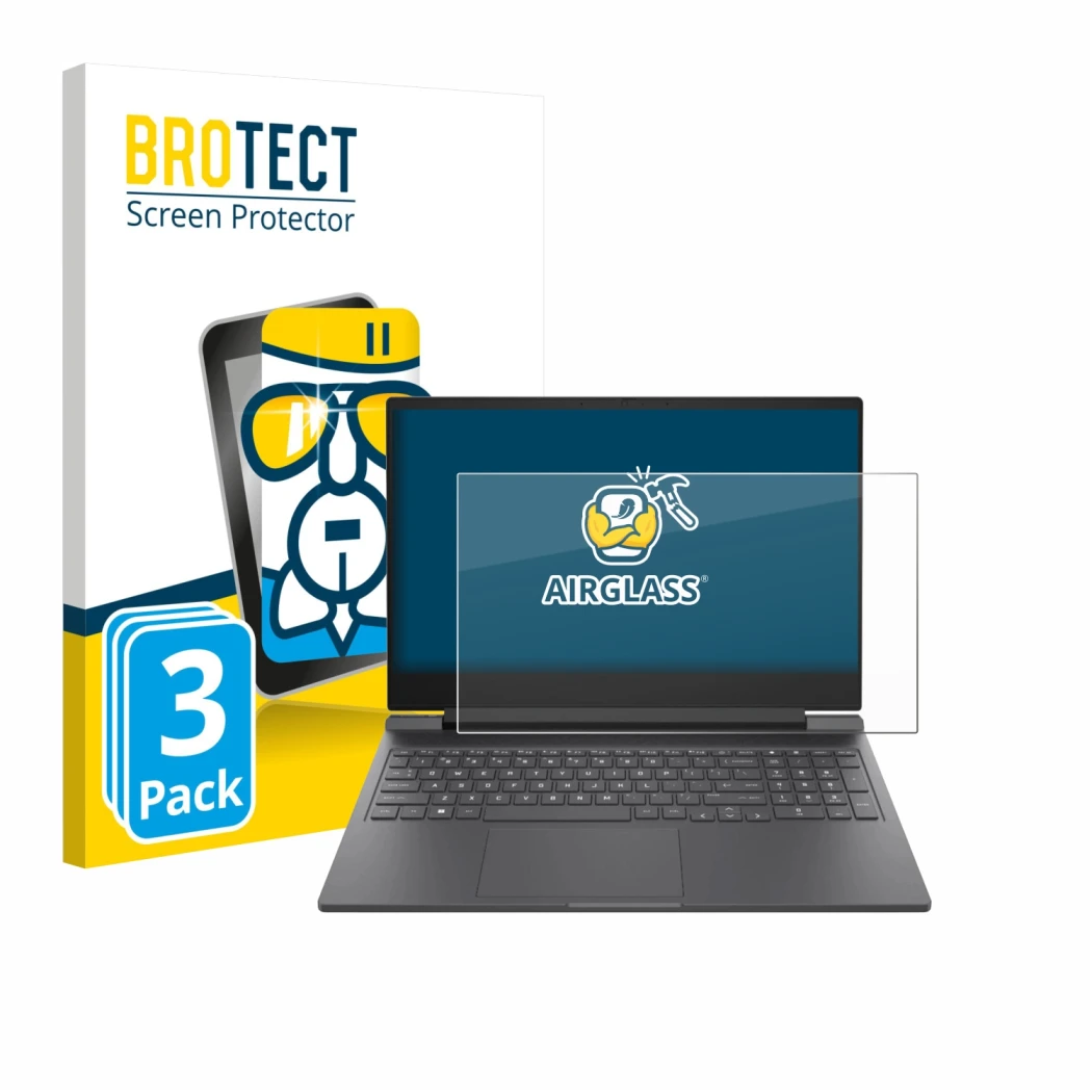 Face avant d’un emballage produit avec le logo de la marque BROTECT. À côté, l’appareil HP Victus 16-r0024nf est représenté av