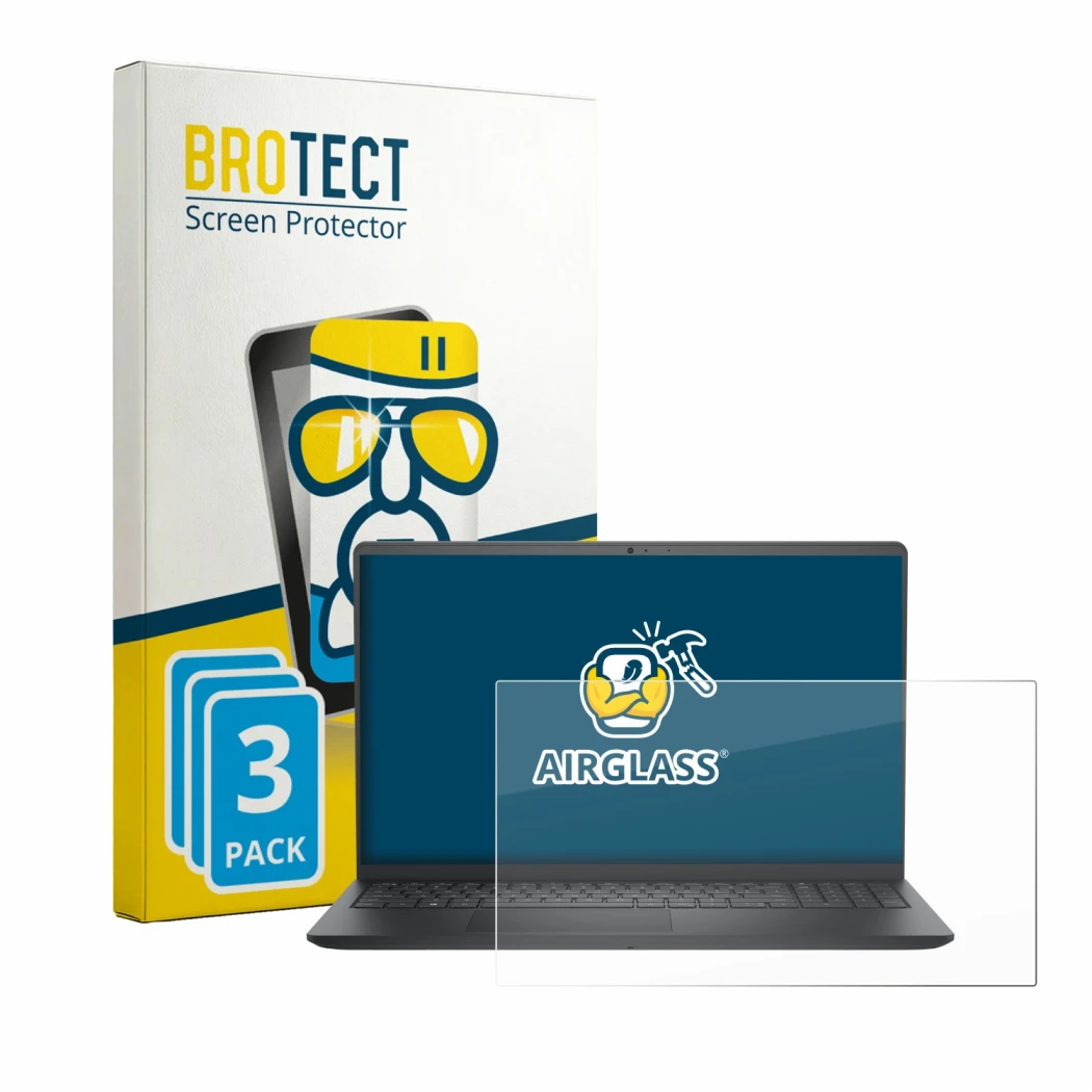 Face avant d’un emballage produit avec le logo de la marque BROTECT. À côté, l’appareil Dell Pro 15 Essential PV15250 est repr