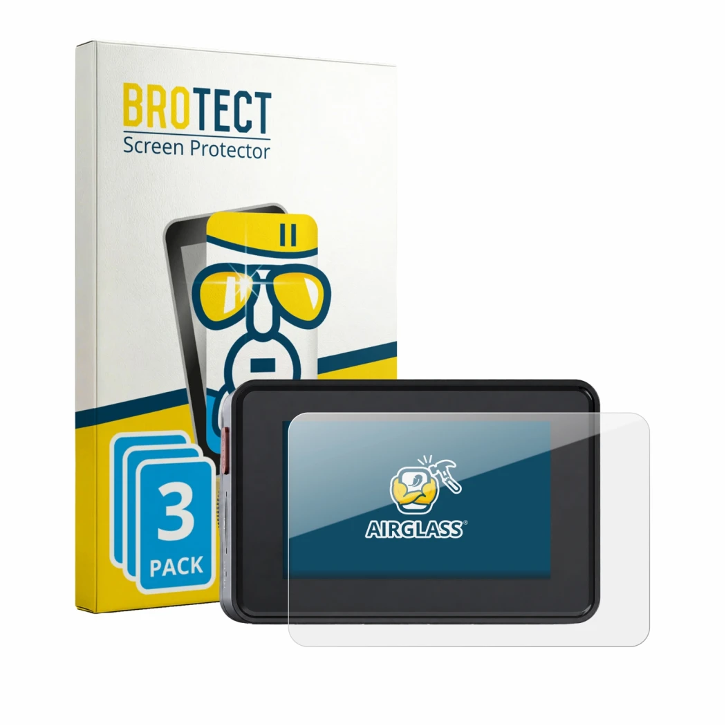 Face avant d’un emballage produit avec le logo de la marque BROTECT. À côté, l’appareil Vantrue Element 2 est représenté avec