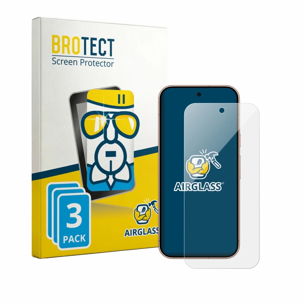 Face avant d’un emballage produit avec le logo de la marque BROTECT. À côté, l’appareil Google Pixel 11 Pro est représenté ave