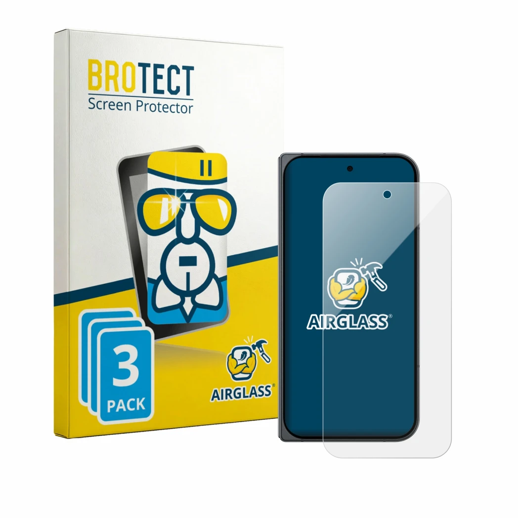 Face avant d’un emballage produit avec le logo de la marque BROTECT. À côté, l’appareil Google Pixel 11 Pro Fold est représent