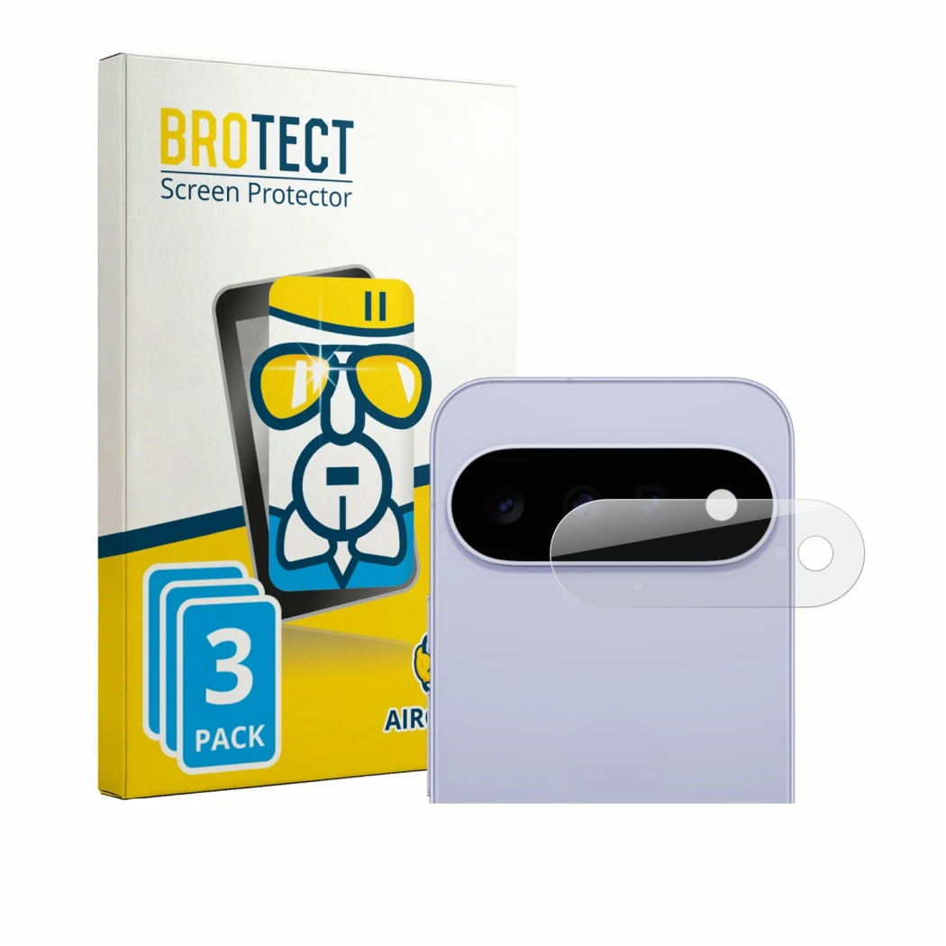 Face avant d’un emballage produit avec le logo de la marque BROTECT. À côté, l’appareil Google Pixel 11 (Caméra UNIQUEMENT) es