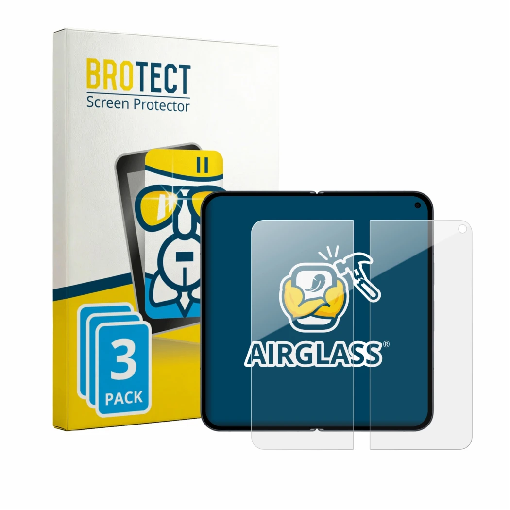 Face avant d’un emballage produit avec le logo de la marque BROTECT. À côté, l’appareil Google Pixel 11 Pro Fold (Affichage in