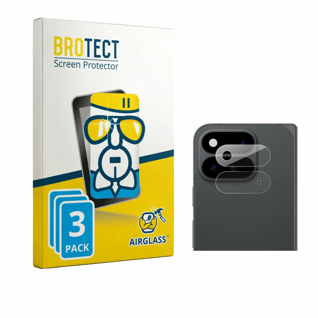 Face avant d’un emballage produit avec le logo de la marque BROTECT. À côté, l’appareil Google Pixel 11 Pro Fold (Caméra UNIQU