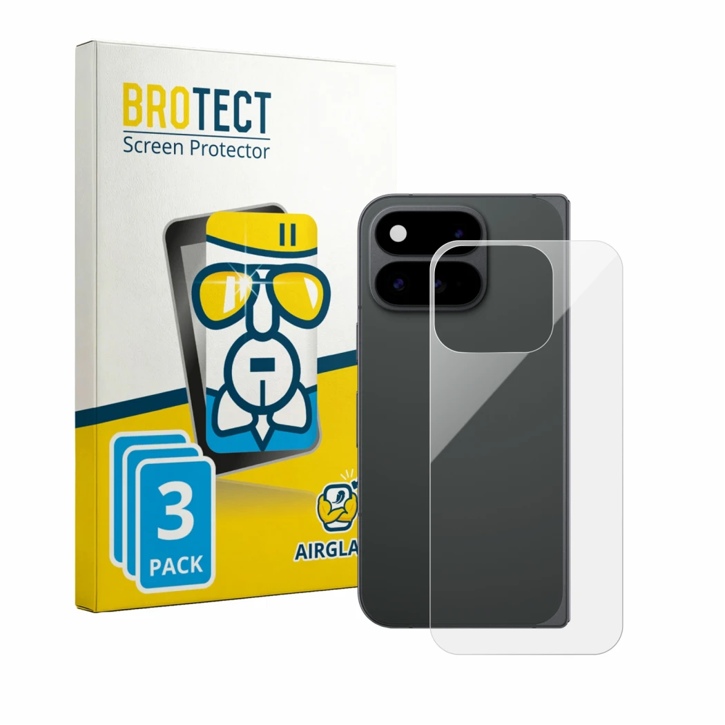Face avant d’un emballage produit avec le logo de la marque BROTECT. À côté, l’appareil Google Pixel 11 Pro Fold (Arrière) est