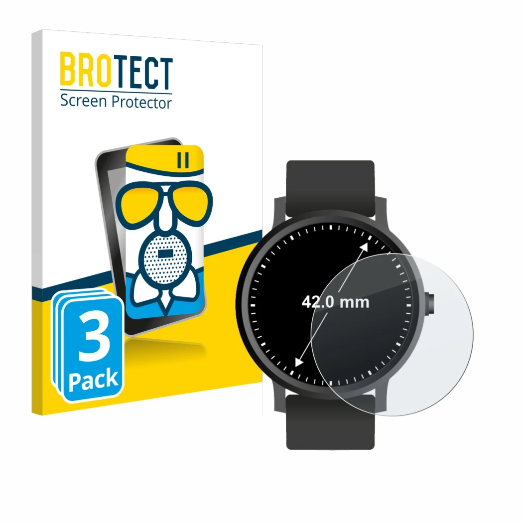 Face avant d’un emballage produit avec le logo de la marque BROTECT. À côté, l’appareil Montres (Circulaire, ø: 42 mm) est rep