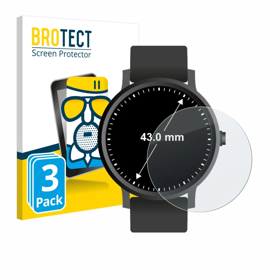Face avant d’un emballage produit avec le logo de la marque BROTECT. À côté, l’appareil Montres (Circulaire, ø: 43 mm) est rep