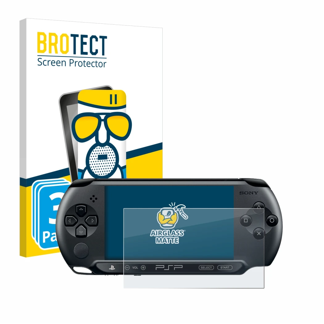 Face avant d’un emballage produit avec le logo de la marque BROTECT. À côté, l’appareil Sony PSP Street E1004 est représenté a