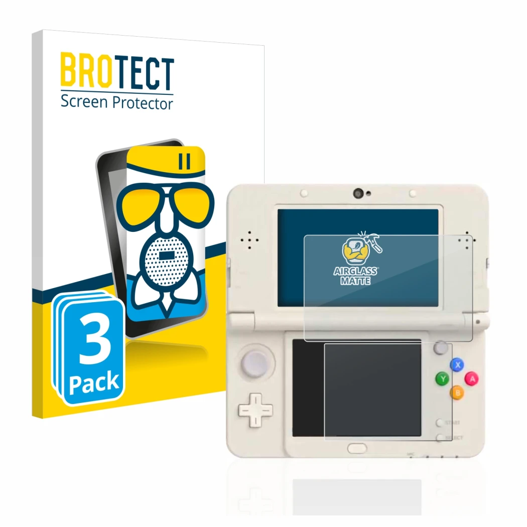 Face avant d’un emballage produit avec le logo de la marque BROTECT. À côté, l’appareil Nintendo New 3DS est représenté avec l