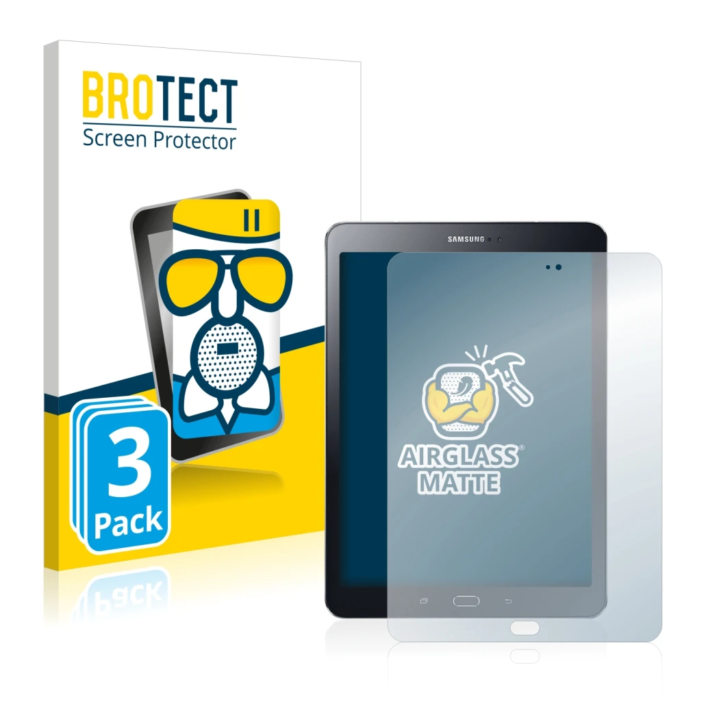 Face avant d’un emballage produit avec le logo de la marque BROTECT. À côté, l’appareil Samsung Galaxy Tab S2 9.7 est représen