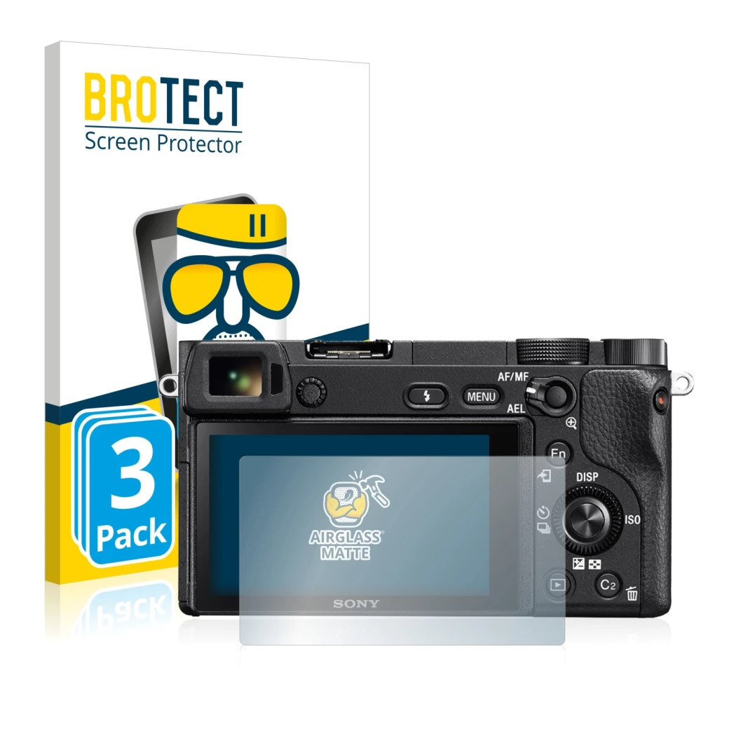 Face avant d’un emballage produit avec le logo de la marque BROTECT. À côté, l’appareil Sony Alpha 6300 est représenté avec la